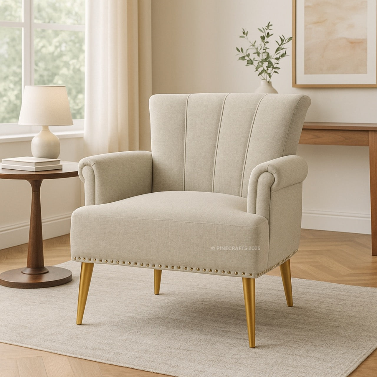 Beige armchair in a living room setting with a side table and lamp.